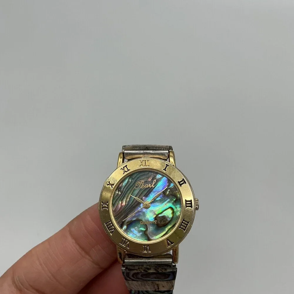 Vintage Pearl Womens Watch 24mm Abalone Dial Gold Tone Stretch Band New Battery